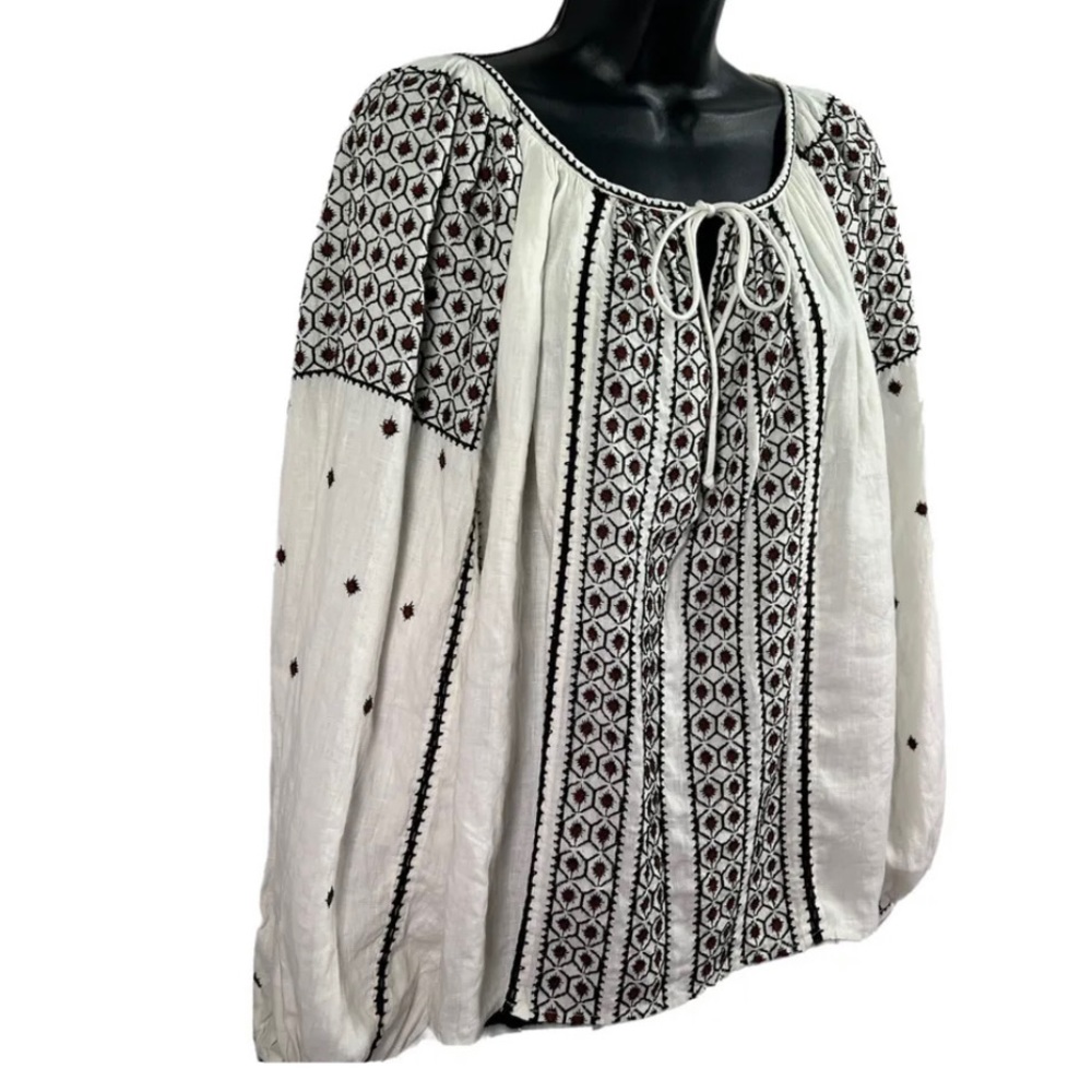Frame Anita Embroidered Linen Peasant Top Oversized Tie Lace Long Sleeve S/p